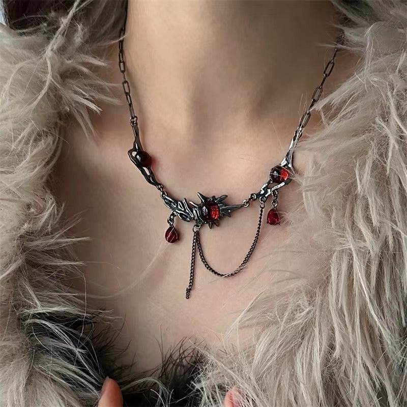 Silver Red Gem Barb Necklace
