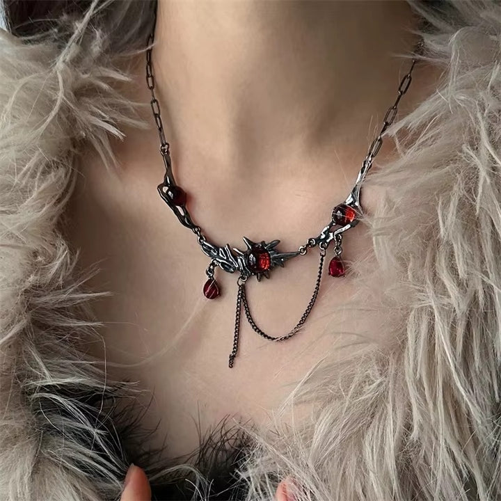 Silver Red Gem Barb Necklace