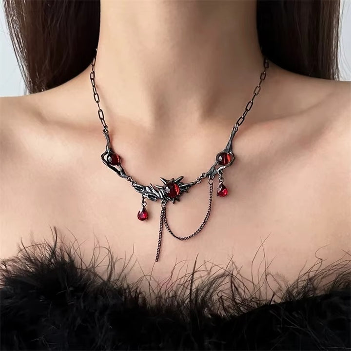 Silver Red Gem Barb Necklace