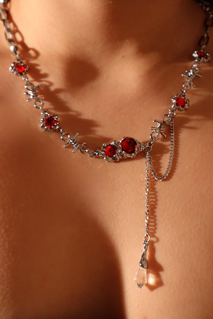 Silver Red Gem Barb Necklace