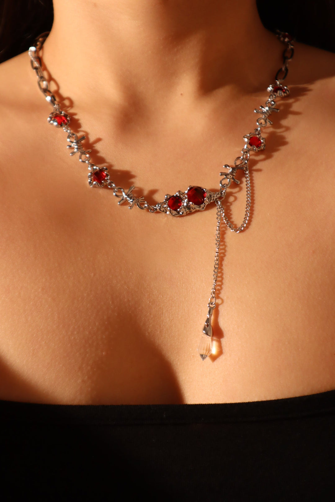 Silver Red Gem Barb Necklace