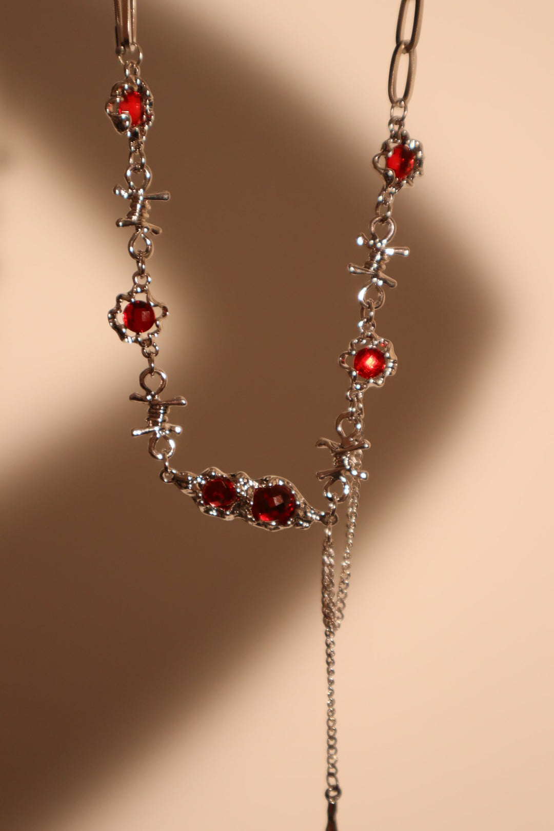 Silver Red Gem Barb Necklace